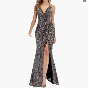 A ARFAR Sequin Party V-Neck Sphagetti Strap Sexy High Slit Dress (Black Gold, L)